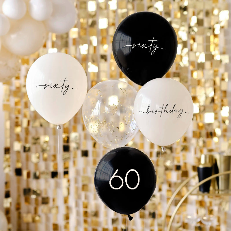 Elegant ballonpakke til 60-års fødselsdag i champagneguld, sort og nude – perfekt til en stilfuld fejring. Matcher Champagne Noir-kollektionen.