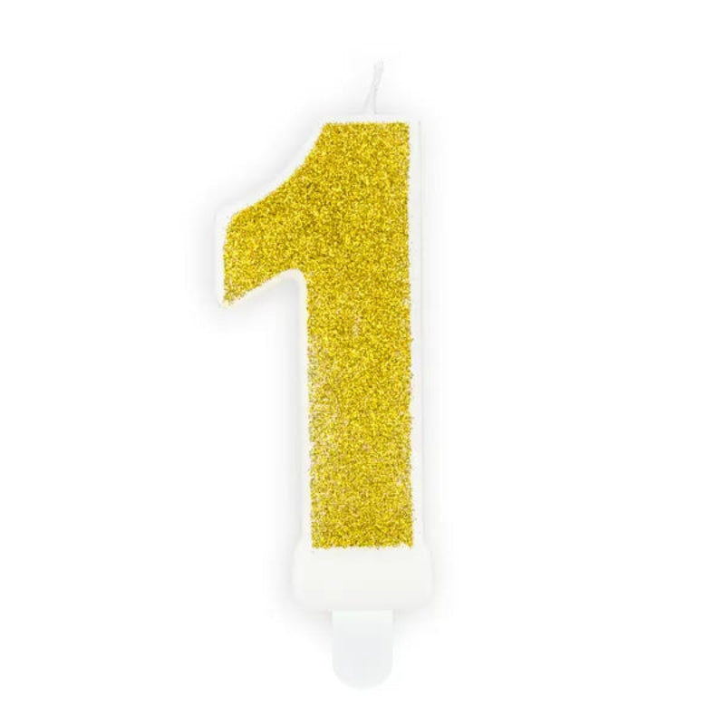 Elegant fødselsdagslys tal 1 i guld glitter, 7 cm. Perfekt til 1-års fødselsdag og festkager – skab et festligt og eksklusivt udtryk.