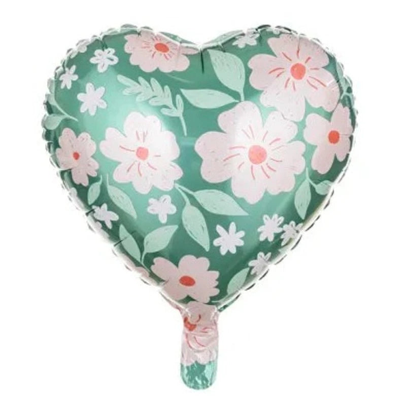 Hjertefolieballon med grøn og rosa blomstermotiv