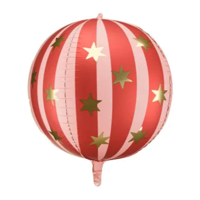 Cirkusballon i mat rød med gyldne stjerner – perfekt til temafester! Diameter ca. 50 cm oppustet. Inkl. sugerør.