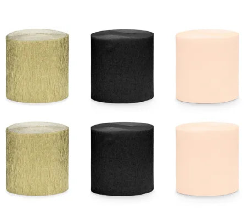 Crepepapir i sort, guld og peach – eksklusiv festpynt
Smukt crepepapir i sort, guld og peach nuancer. Sæt med 6 ruller á 10 meter. Perfekt til guirlander, backdrop og elegant festdekoration. ✨