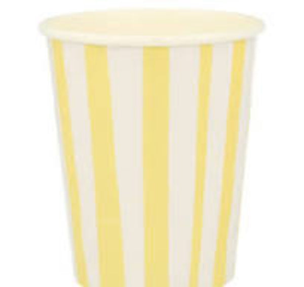 🌼 Gul- og hvidstribede papkrus (8 stk.) – FSC-certificerede krus i frisk og festlig stil. Perfekte til fødselsdag, picnic eller cirkusfest.