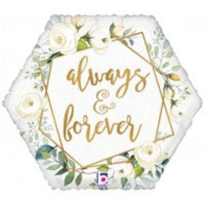 💍 Folieballon Always and Forever – Geo Flowers 45 cm – Elegant ballon med blomster og teksten “Always and Forever”. Kan fyldes med helium eller luft. Perfekt til bryllup eller jubilæum.