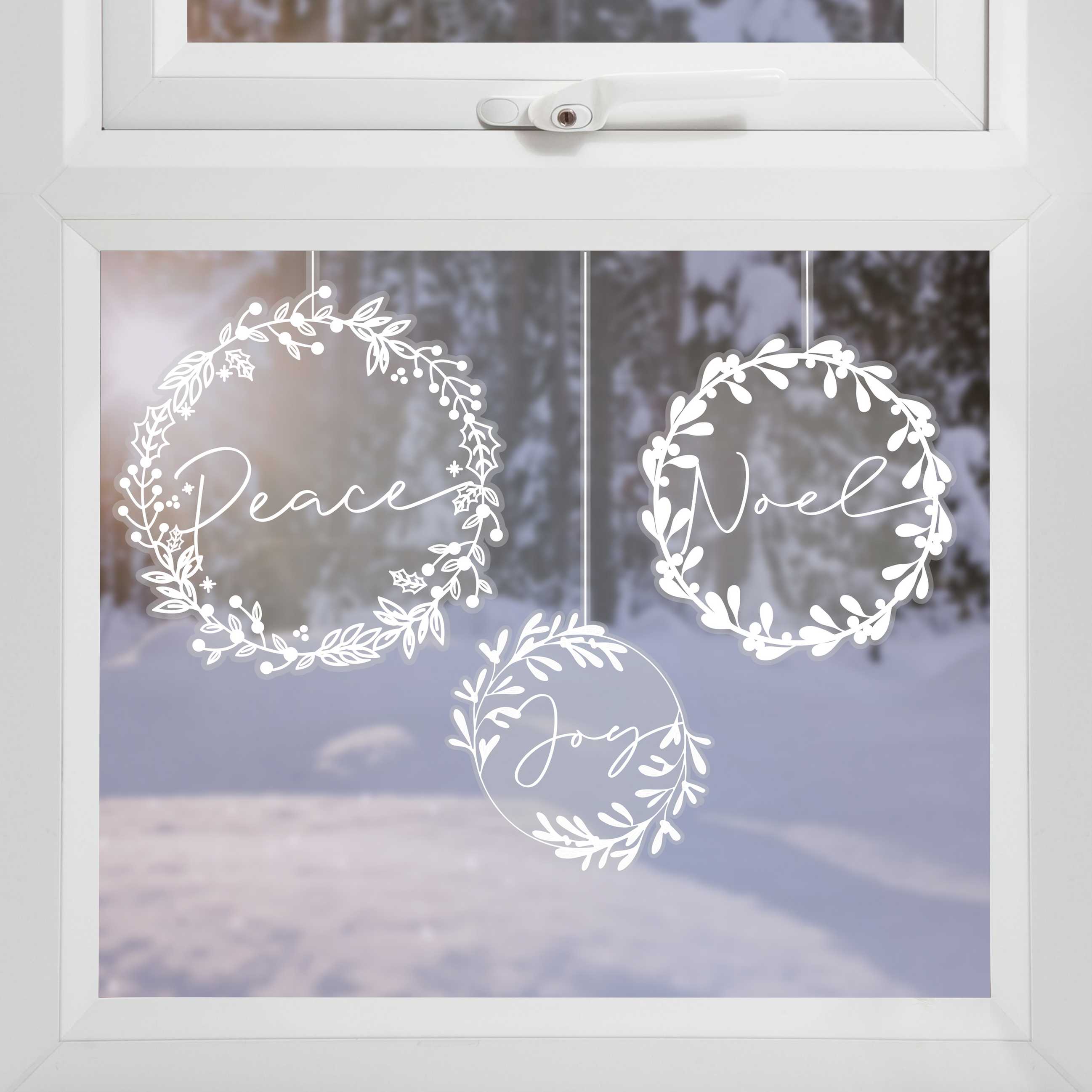Hvide julekrans vinduesklistermærker med tekst 3 stk.