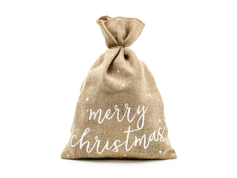 Julesæk med teksten Merry Christmas i hessian 30x42cm
