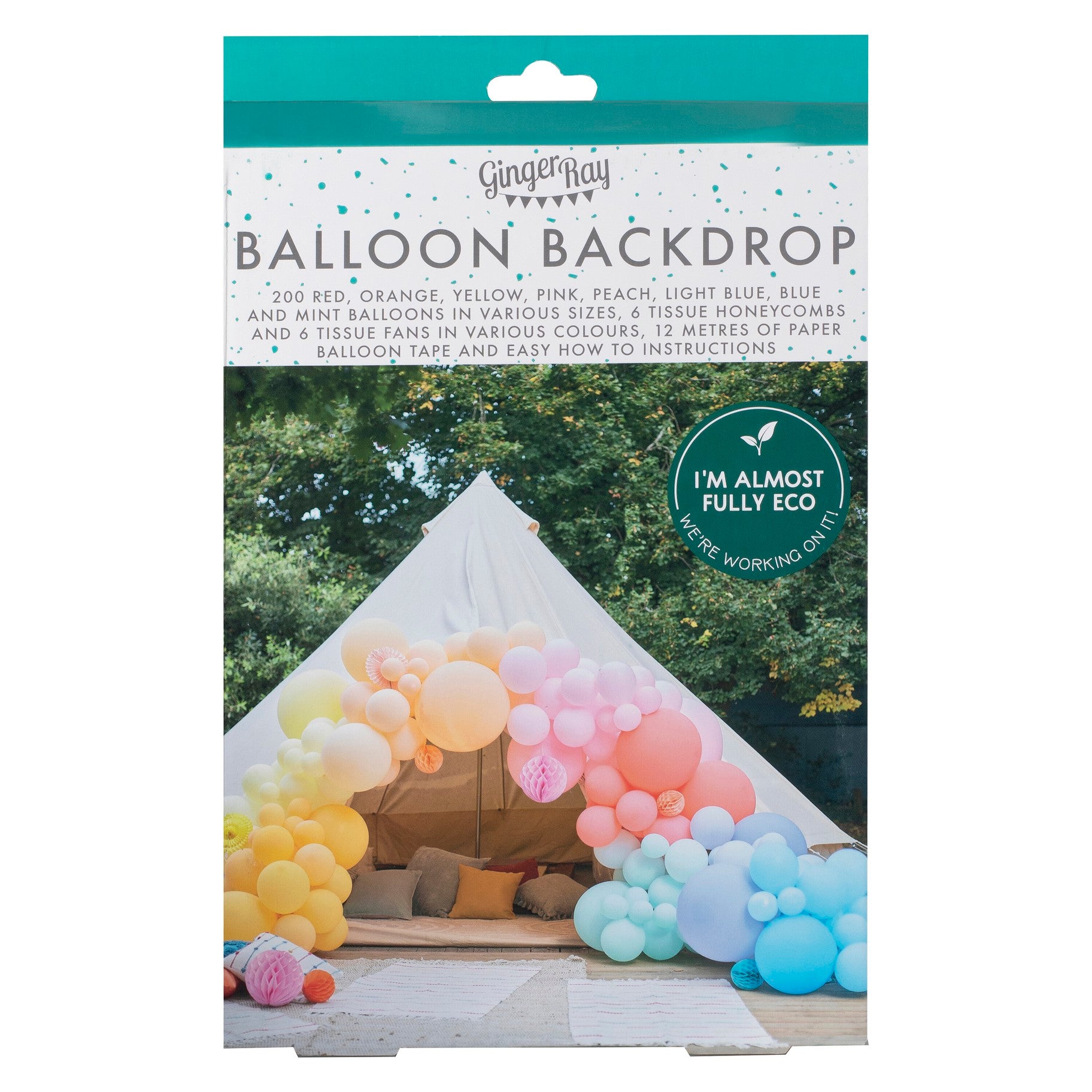 Regnbuefarvet ballonbue & honeycombs 200 stk.