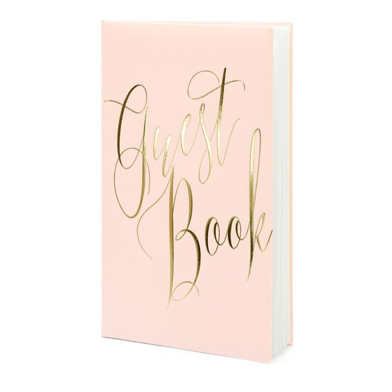 Gæstebog i rosa med guld skrift