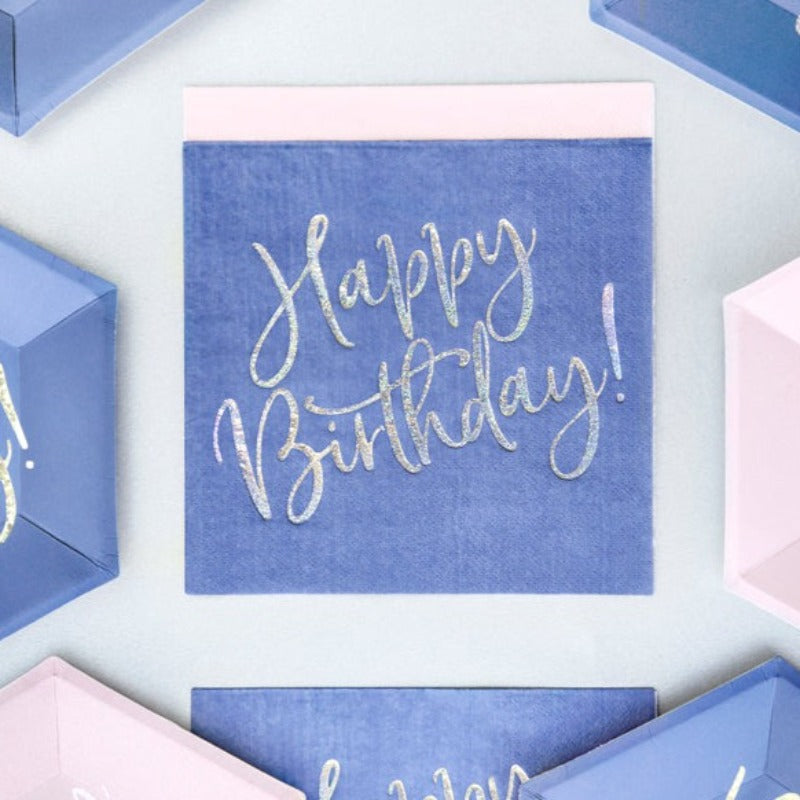 Happy Birthday servietter i blå med sølvskrift