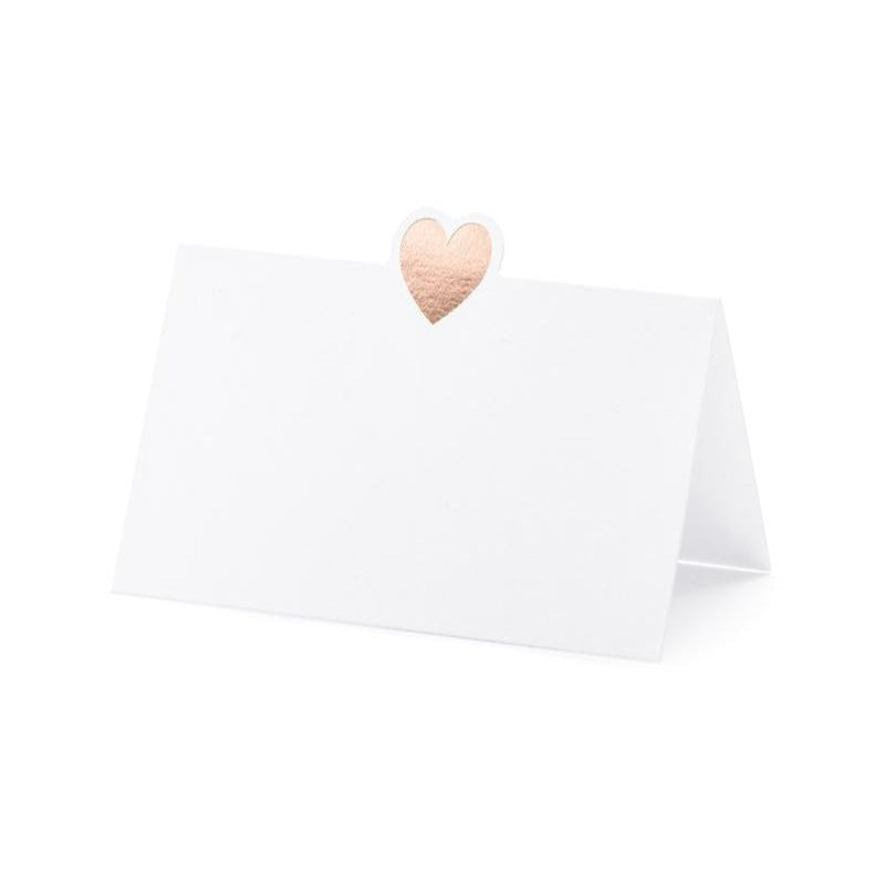 Bordkort - Hvide med hjerte i rosa guld, 10 stk.