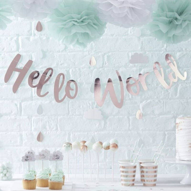 Hello World' baby shower guirlande i rosa guld