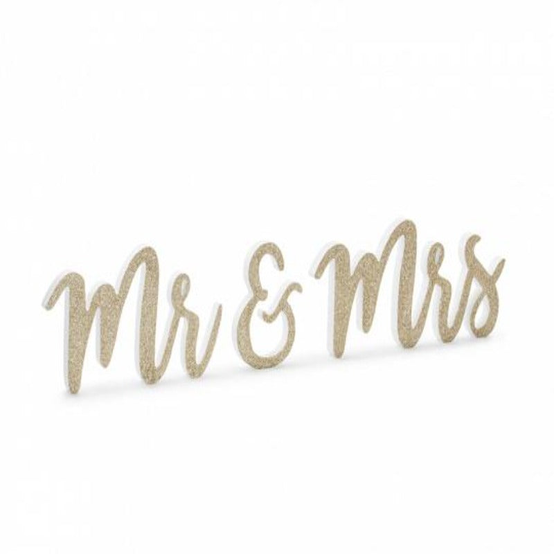 Mr & Mrs træskilt i guld 50 x 10cm