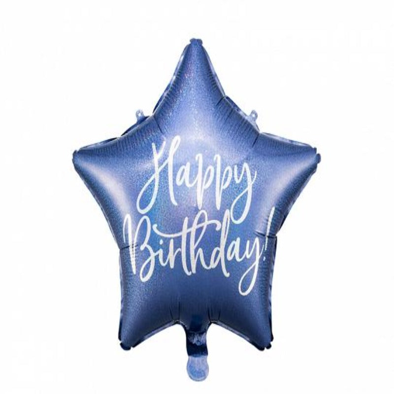 Fødselsdagsballon med teksten Happy Birthday i blå