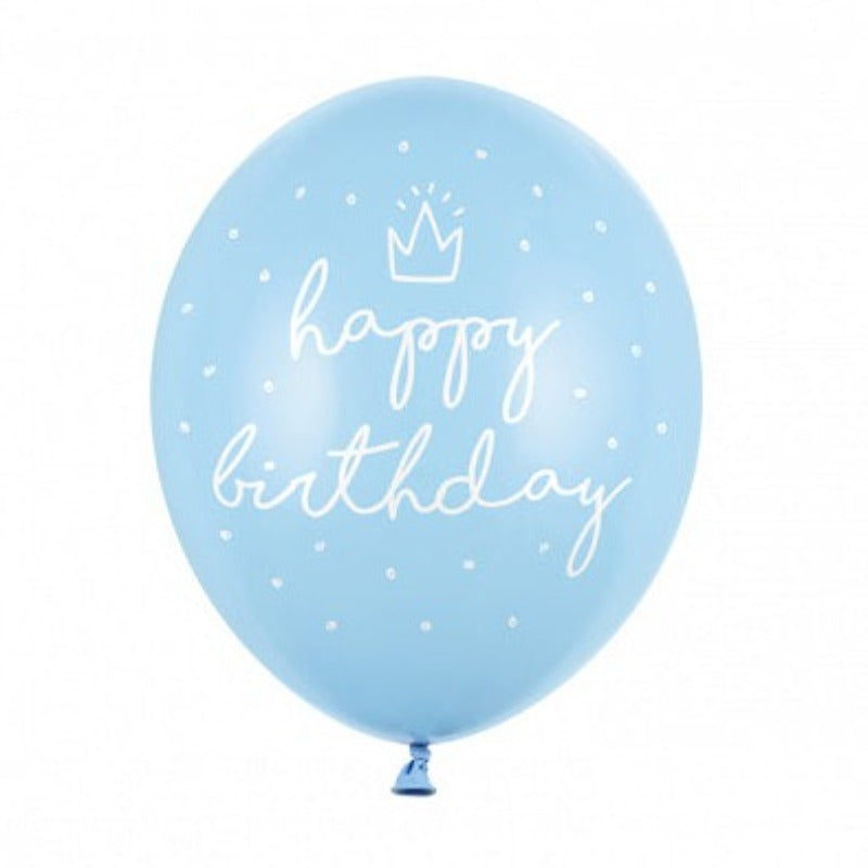 lyseblå fødselsdagsballoner med teksten happy birthday 6 stk.