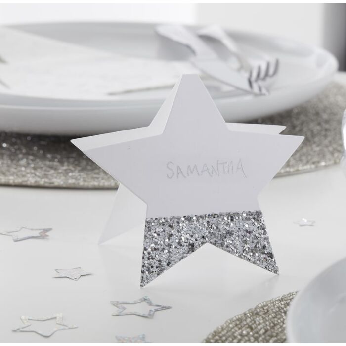 Sølv glitter stjerne bordkort
