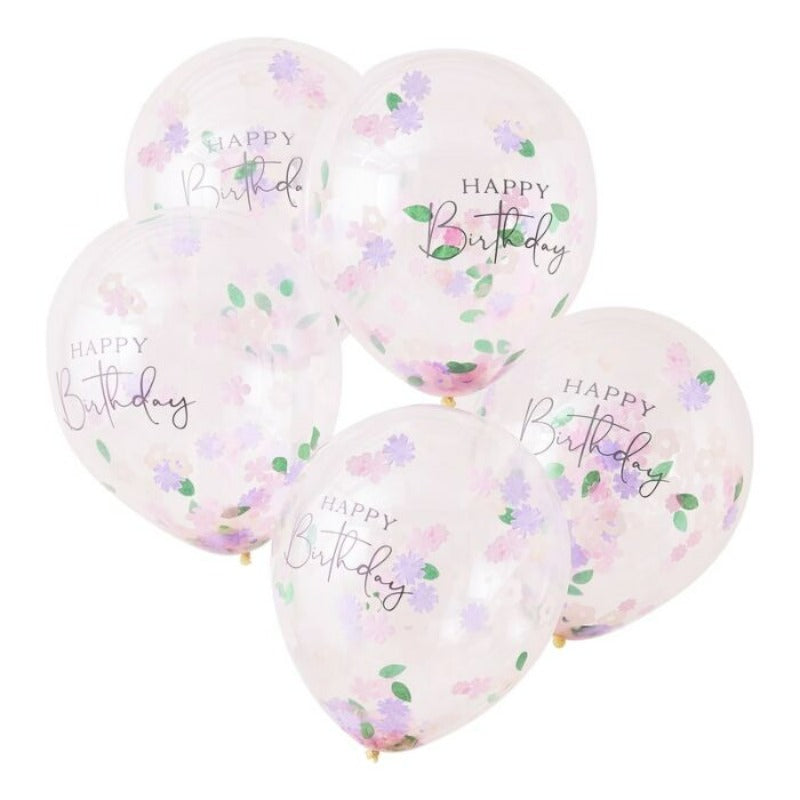 Blomster Happy Birthday konfetti balloner